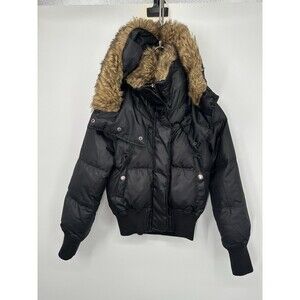 Y2K jacket zip  Fur Hood Puffer Jacket  XS Crop Bomber Black Down  Express
